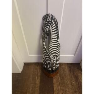 Hand Carved Wooden Zebra Mother and Baby Statue Indonesia Safari Decor